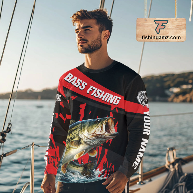 Custom Largemouth Bass Fishing Jerseys, Largemouth Bass Fishing Shirts Long Sleeve For Men|Red NHT725