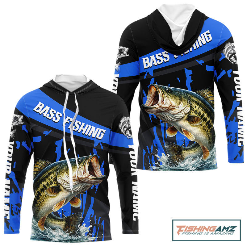Custom Largemouth Bass Fishing Jerseys, Largemouth Bass Hooded Fishing Shirts Long Sleeve For Men|Blue NHT726
