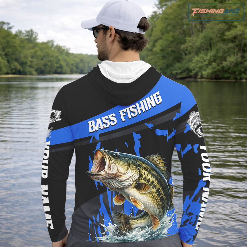 Custom Largemouth Bass Fishing Jerseys, Largemouth Bass Hooded Fishing Shirts Long Sleeve For Men|Blue NHT726