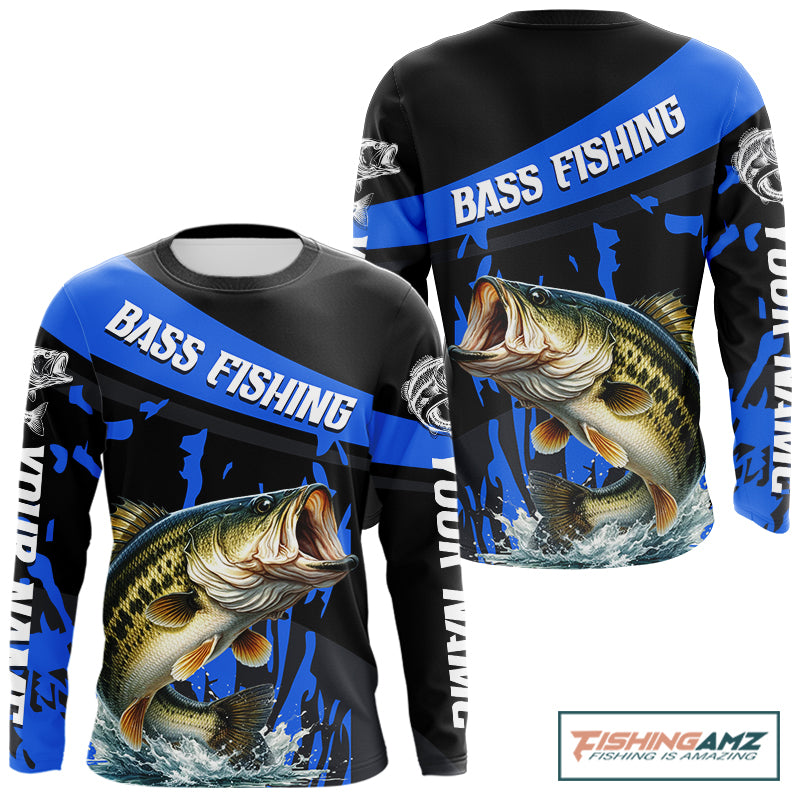 Custom Largemouth Bass Fishing Jerseys, Largemouth Bass Fishing Shirts Long Sleeve For Men|Blue NHT726