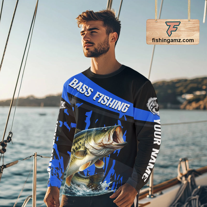 Custom Largemouth Bass Fishing Jerseys, Largemouth Bass Fishing Shirts Long Sleeve For Men|Blue NHT726
