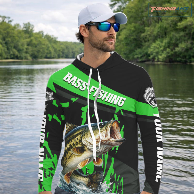 Custom Largemouth Bass Fishing Jerseys, Largemouth Bass Hooded Fishing Shirts Long Sleeve For Men|Green NHT727