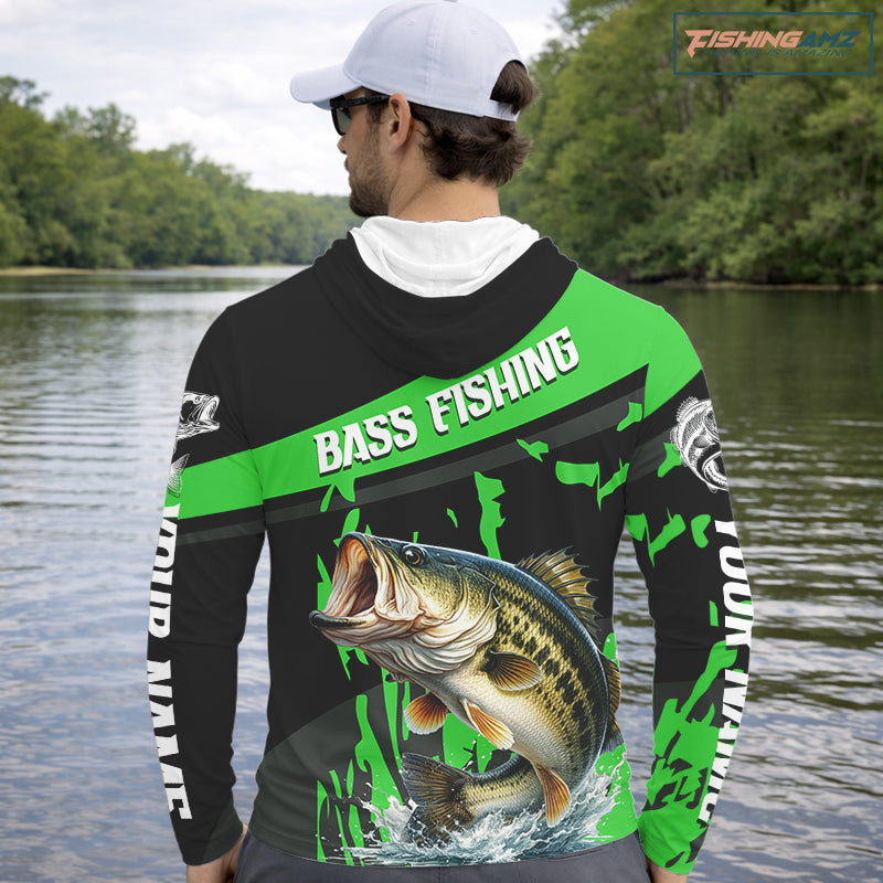 Custom Largemouth Bass Fishing Jerseys, Largemouth Bass Hooded Fishing Shirts Long Sleeve For Men|Green NHT727