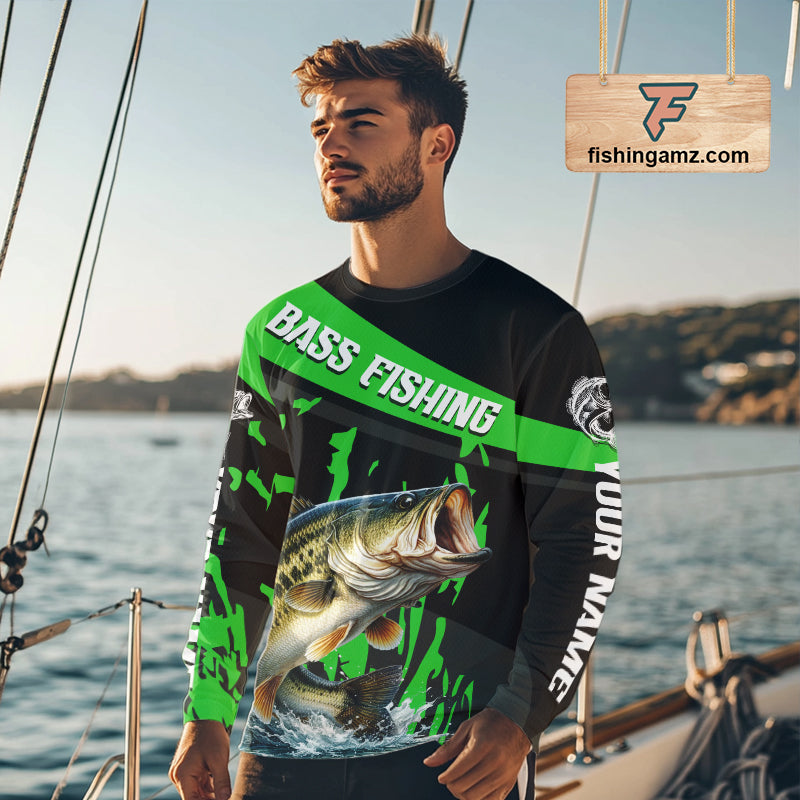 Custom Largemouth Bass Fishing Jerseys, Largemouth Bass Fishing Shirts Long Sleeve For Men|Green NHT727