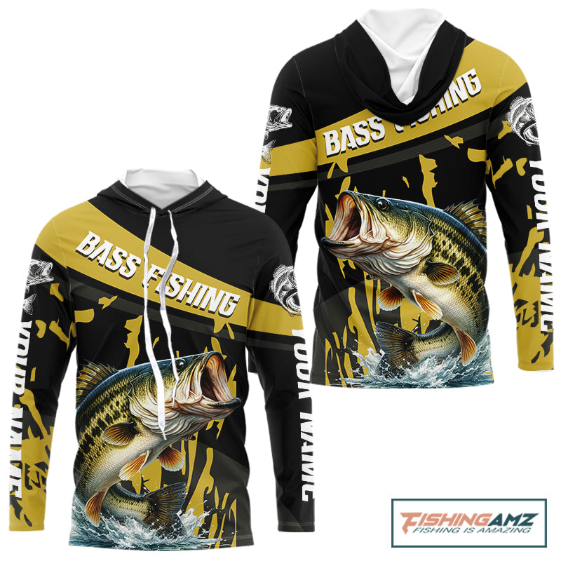 Custom Largemouth Bass Fishing Jerseys, Largemouth Bass Hooded Fishing Shirts Long Sleeve For Men|Yellow NHT728