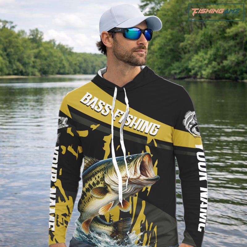 Custom Largemouth Bass Fishing Jerseys, Largemouth Bass Hooded Fishing Shirts Long Sleeve For Men|Yellow NHT728