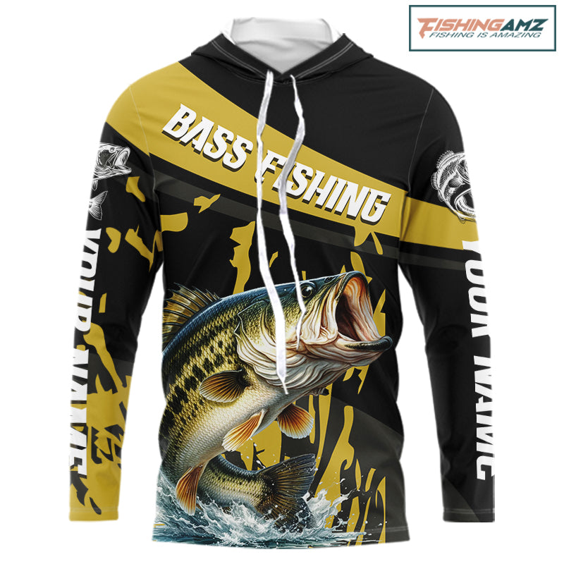 Custom Largemouth Bass Fishing Jerseys, Largemouth Bass Hooded Fishing Shirts Long Sleeve For Men|Yellow NHT728