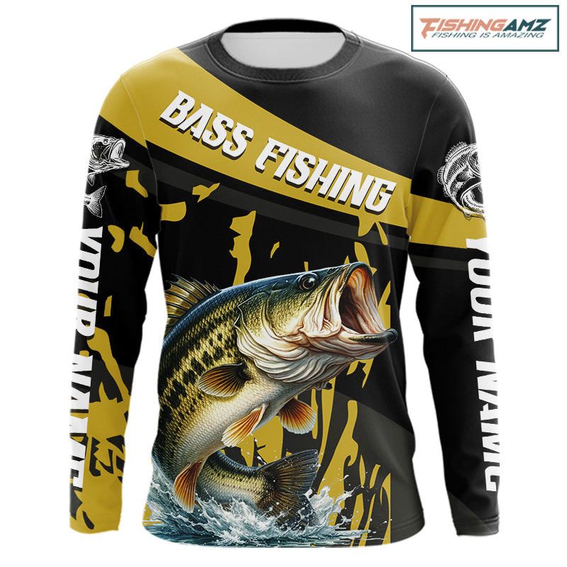 Custom Largemouth Bass Fishing Jerseys, Largemouth Bass Fishing Shirts Long Sleeve For Men|Yellow NHT728
