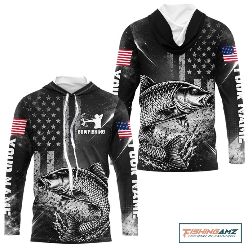 American Flag Bowfishing Shirt With Carp Design, Fishing Shirts Hooded Long Sleeve For Men NHT1369