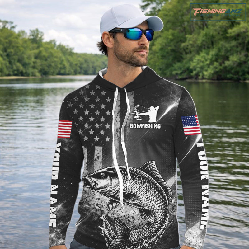 American Flag Bowfishing Shirt With Carp Design, Fishing Shirts Hooded Long Sleeve For Men NHT1369