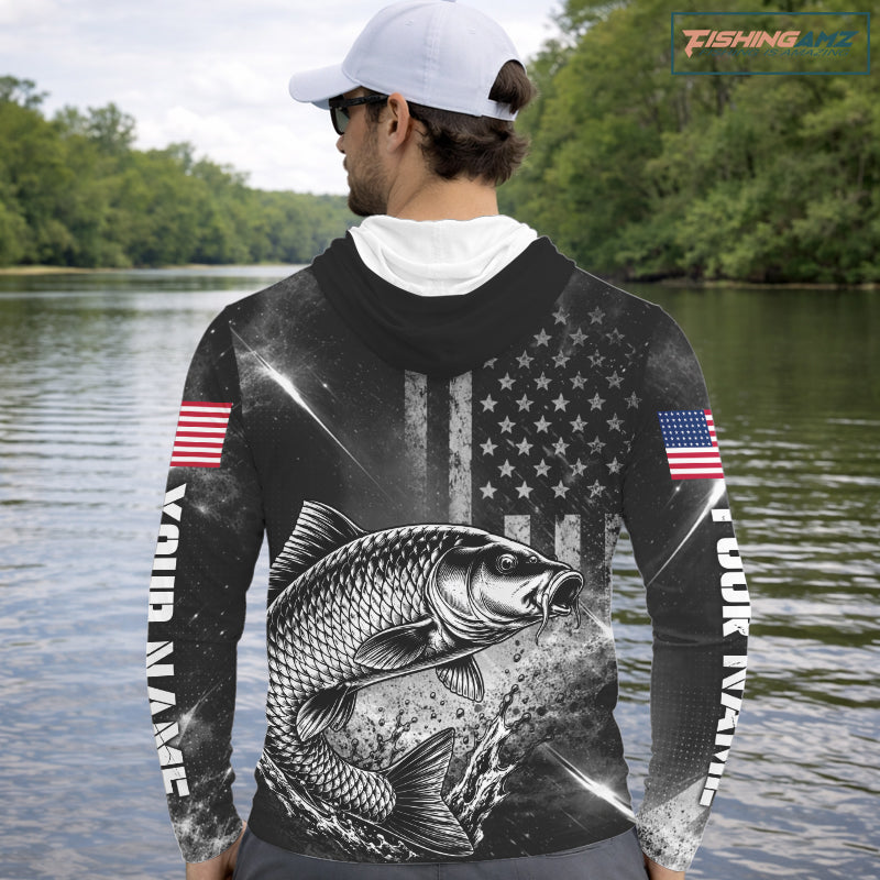 American Flag Bowfishing Shirt With Carp Design, Fishing Shirts Hooded Long Sleeve For Men NHT1369