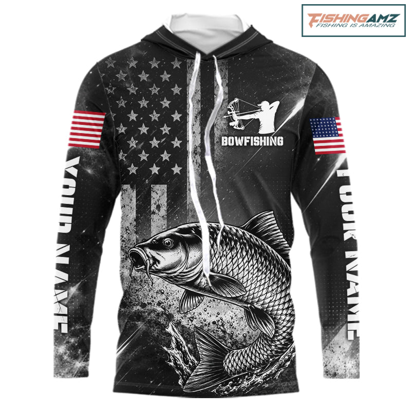 American Flag Bowfishing Shirt With Carp Design, Fishing Shirts Hooded Long Sleeve For Men NHT1369