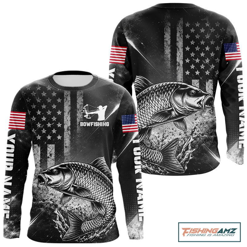 American Flag Bowfishing Shirt With Carp Design, Fishing Shirts Long Sleeve For Men NHT1369
