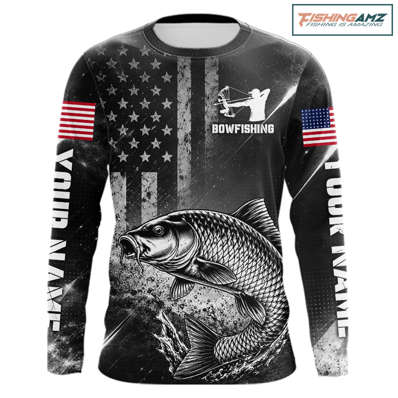 American Flag Bowfishing Shirt With Carp Design, Fishing Shirts Long Sleeve For Men NHT1369