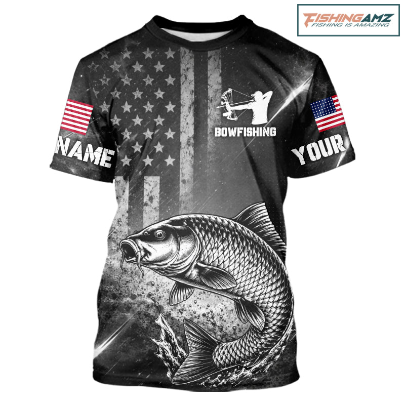 American Flag Bowfishing Shirt With Carp Design, Fishing Shirts Short Sleeve For Men NHT1369