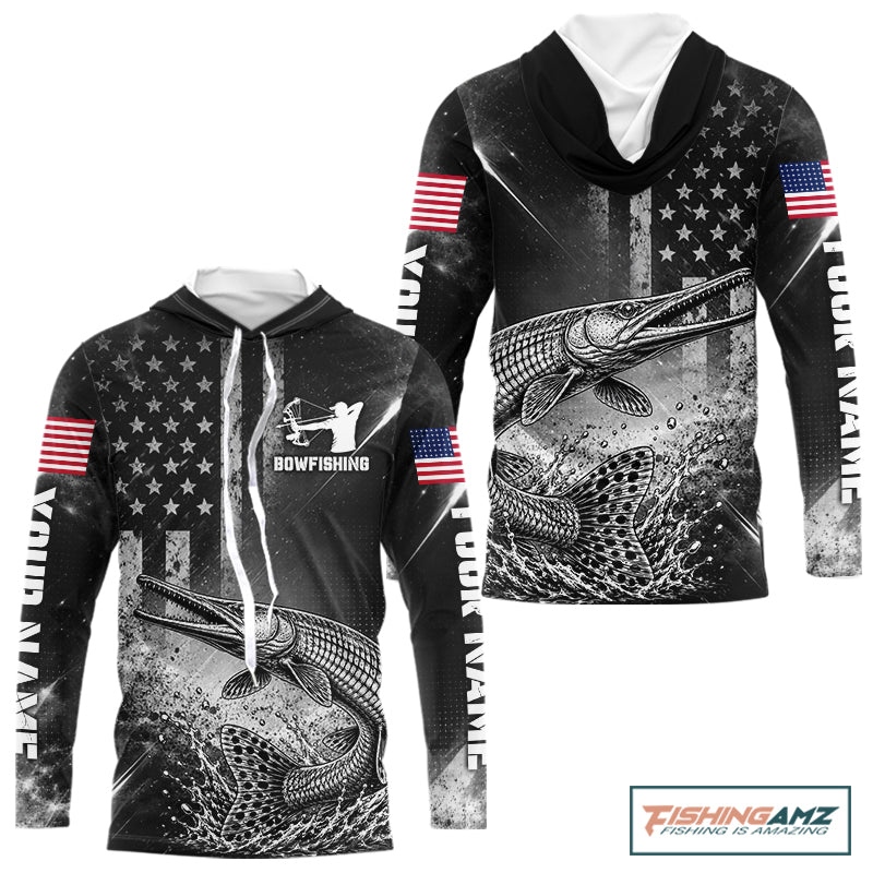 American Flag Bowfishing Shirt With Alligator Gar Design, Fishing Shirts Hooded Long Sleeve For Men NHT1370