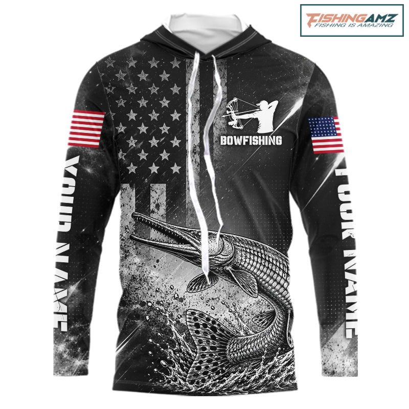 American Flag Bowfishing Shirt With Alligator Gar Design, Fishing Shirts Hooded Long Sleeve For Men NHT1370