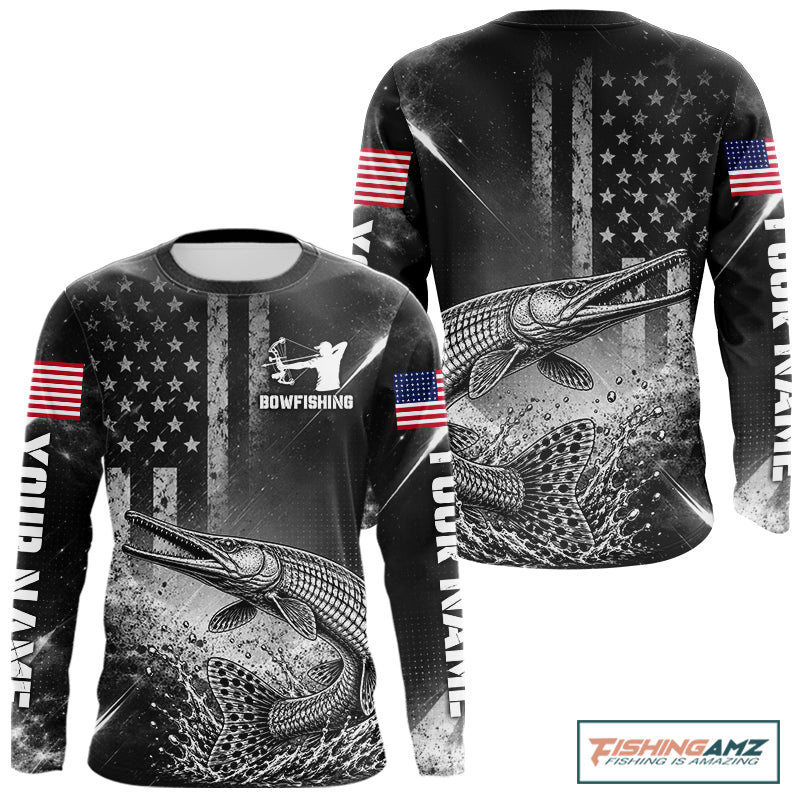 American Flag Bowfishing Shirt With Alligator Gar Design, Fishing Shirts Long Sleeve For Men NHT1370