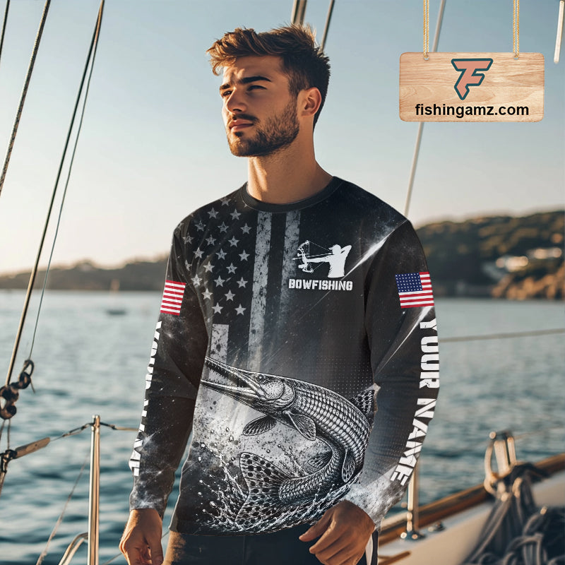 American Flag Bowfishing Shirt With Alligator Gar Design, Fishing Shirts Long Sleeve For Men NHT1370