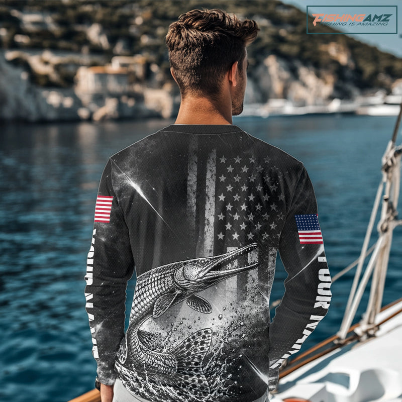 American Flag Bowfishing Shirt With Alligator Gar Design, Fishing Shirts Long Sleeve For Men NHT1370
