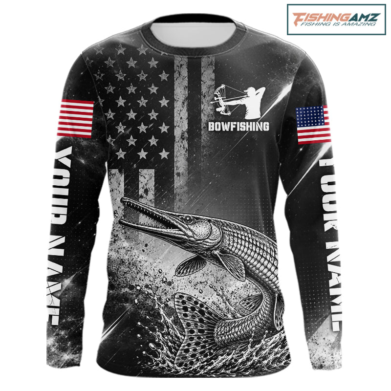 American Flag Bowfishing Shirt With Alligator Gar Design, Fishing Shirts Long Sleeve For Men NHT1370