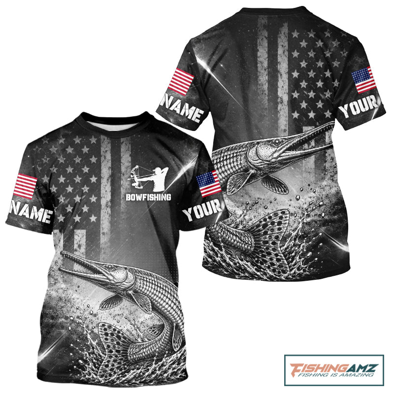 American Flag Bowfishing Shirt With Alligator Gar Design, Fishing Shirts Short Sleeve For Men NHT1370