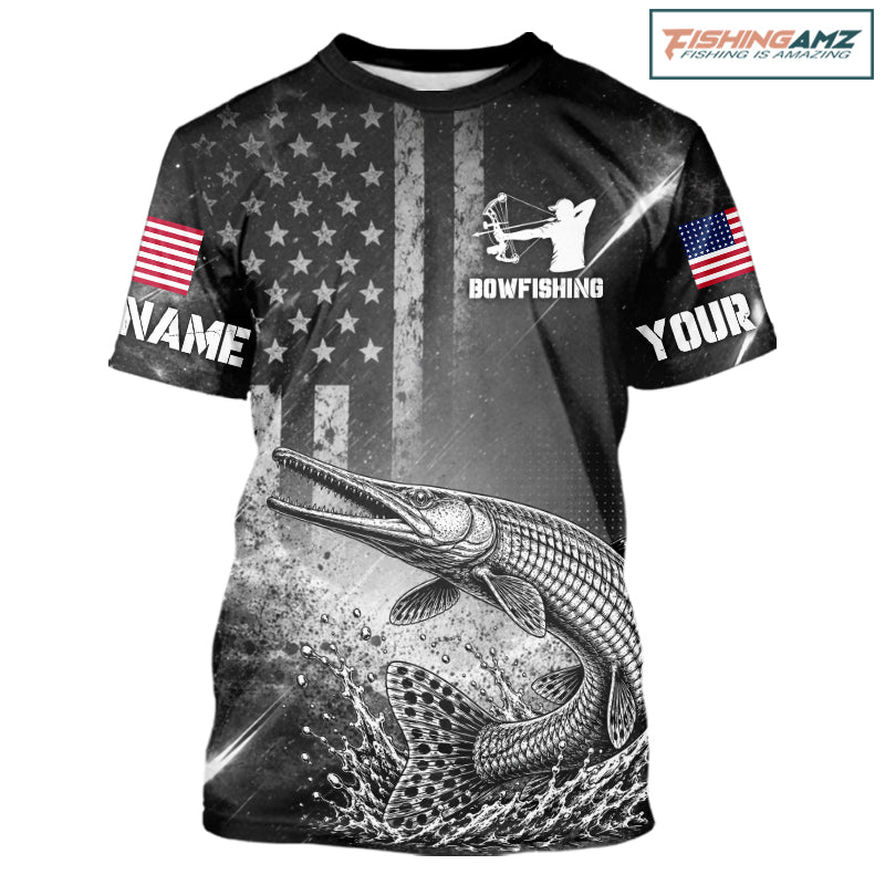 American Flag Bowfishing Shirt With Alligator Gar Design, Fishing Shirts Short Sleeve For Men NHT1370