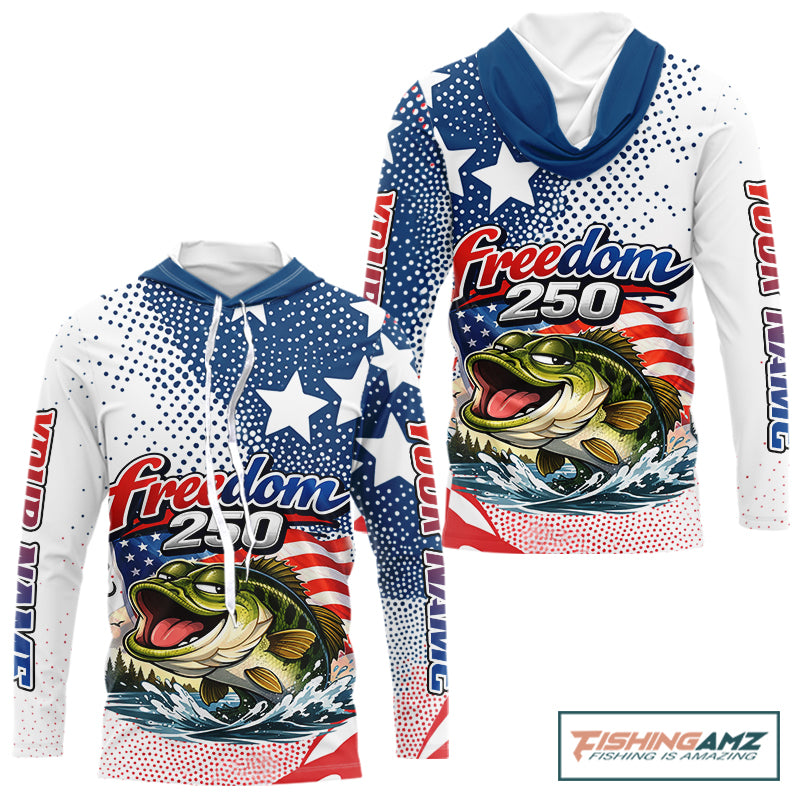 Funny Bass Fishing Shirts Long Sleeve Hooded UPF Freedom 250 American Flag, Fishing Gift NHT408