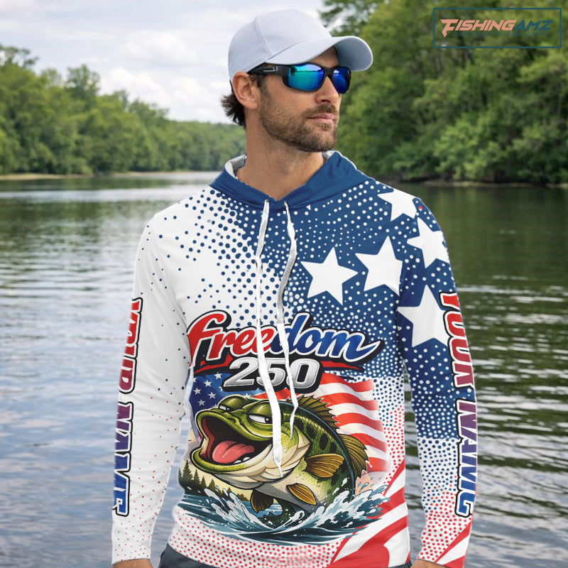 Funny Bass Fishing Shirts Long Sleeve Hooded UPF Freedom 250 American Flag, Fishing Gift NHT408