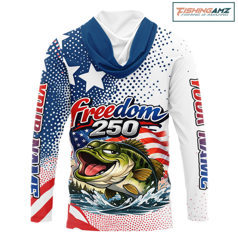 Funny Bass Fishing Shirts Long Sleeve Hooded UPF Freedom 250 American Flag, Fishing Gift NHT408