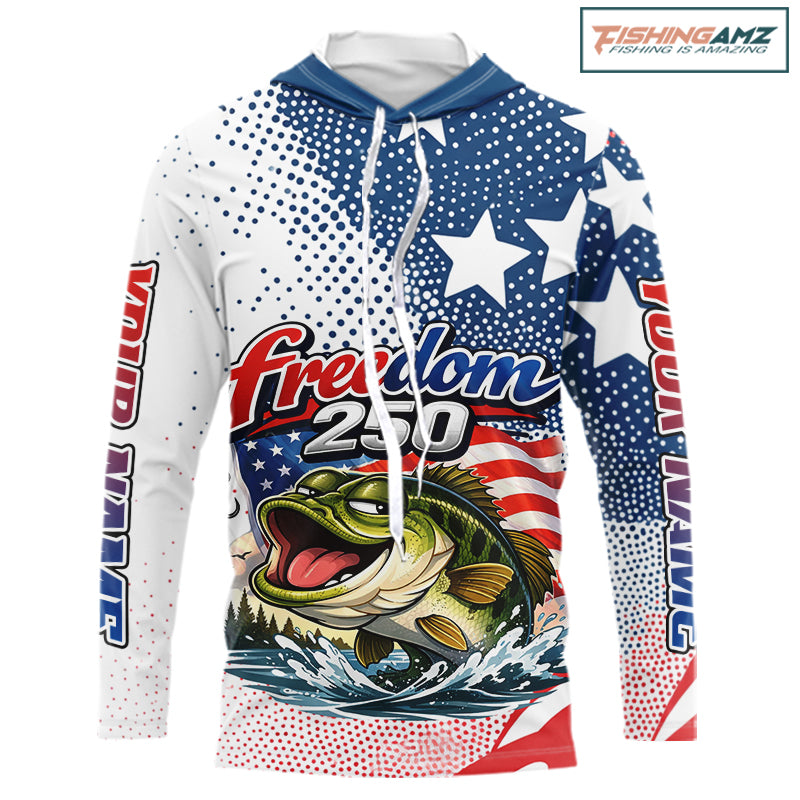 Funny Bass Fishing Shirts Long Sleeve Hooded UPF Freedom 250 American Flag, Fishing Gift NHT408