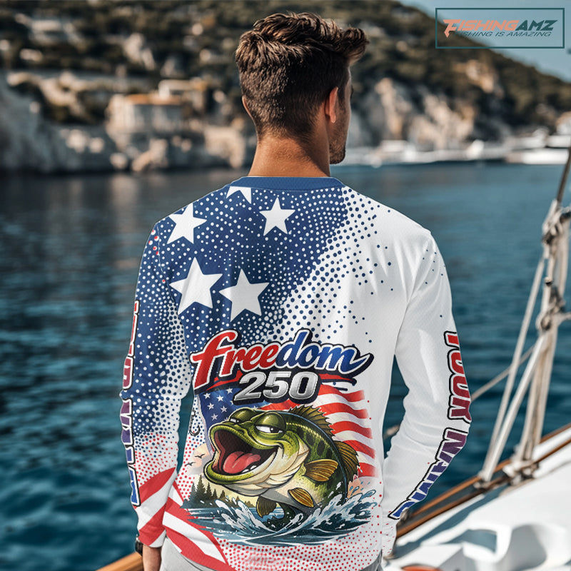 Funny Bass Fishing Shirts Long Sleeve Freedom 250 American Flag, Fishing Gift NHT408
