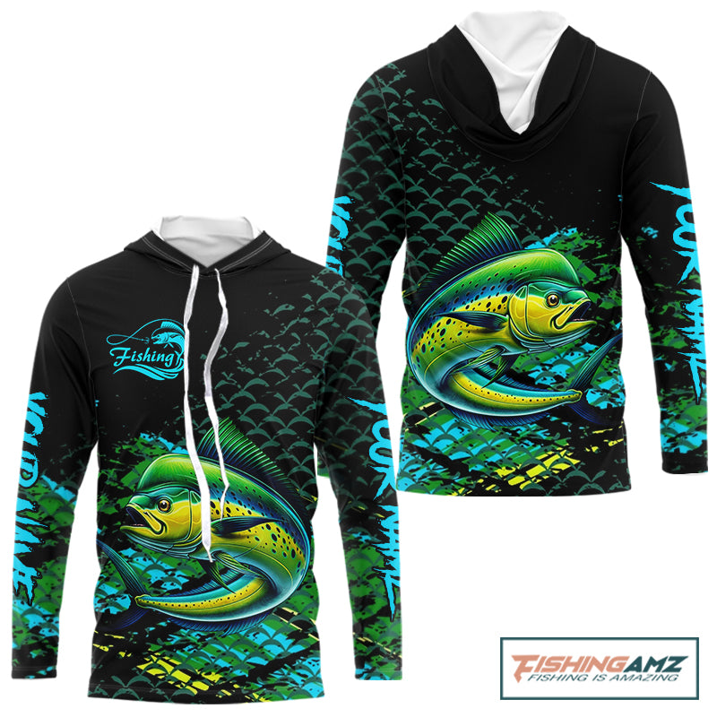 Mahi Mahi Fishing Long Sleeves Hooded Fishing Shirt, Custom 3D UV Protection Fishing Shirt NHT409