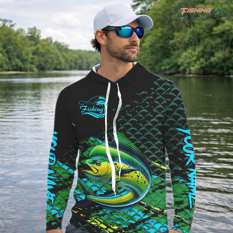 Mahi Mahi Fishing Long Sleeves Hooded Fishing Shirt, Custom 3D UV Protection Fishing Shirt NHT409