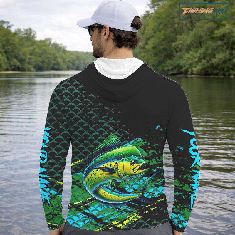 Mahi Mahi Fishing Long Sleeves Hooded Fishing Shirt, Custom 3D UV Protection Fishing Shirt NHT409