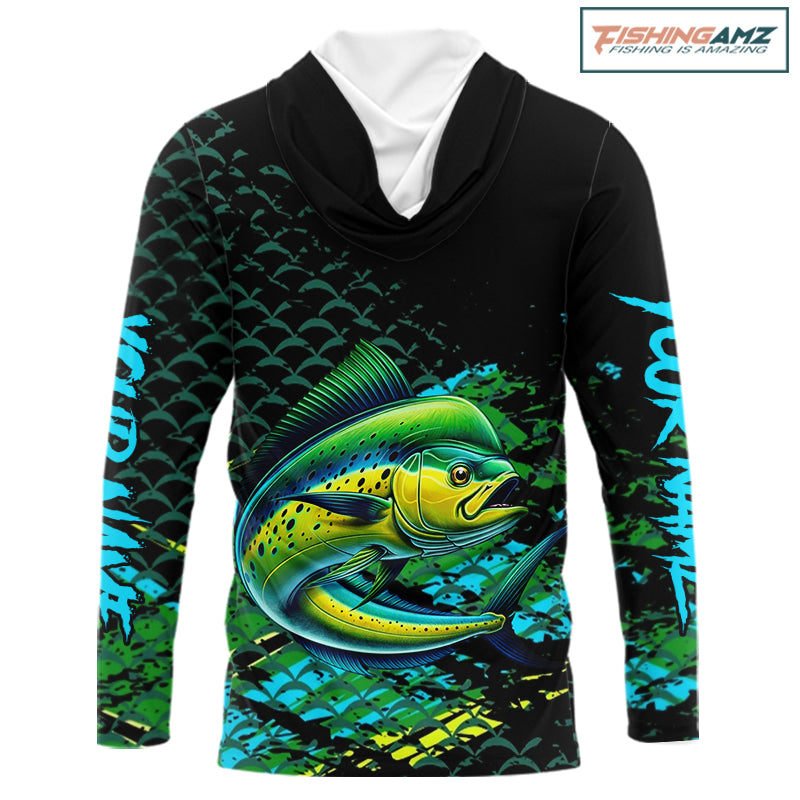 Mahi Mahi Fishing Long Sleeves Hooded Fishing Shirt, Custom 3D UV Protection Fishing Shirt NHT409