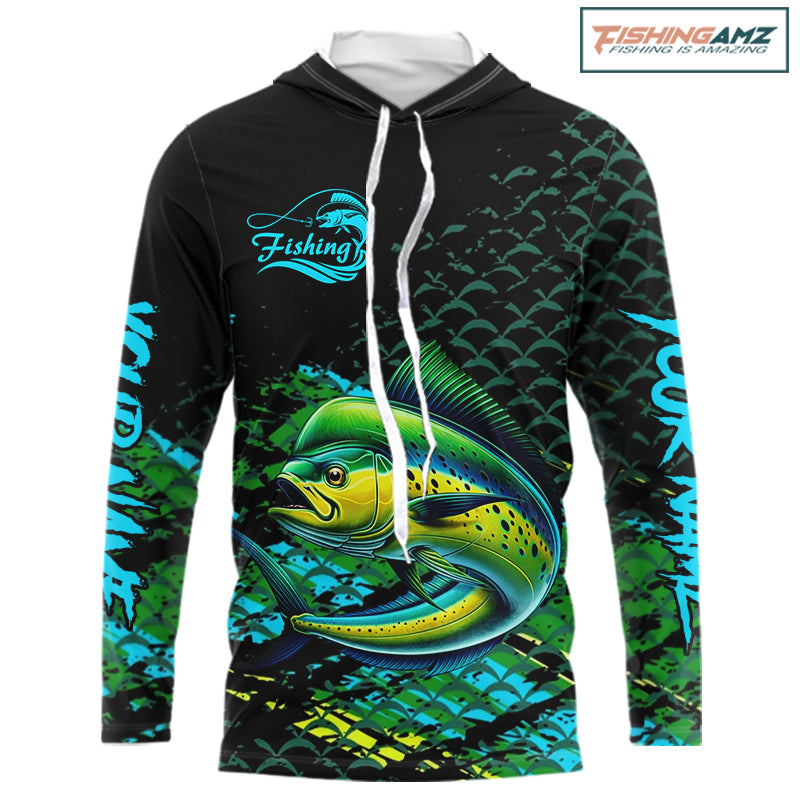 Mahi Mahi Fishing Long Sleeves Hooded Fishing Shirt, Custom 3D UV Protection Fishing Shirt NHT409