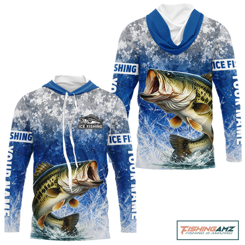 Ice Fishing Shirt With Largemouth Bass & Winter Camo Design, Fishing Shirts Hooded Long Sleeve For Men NHT1373