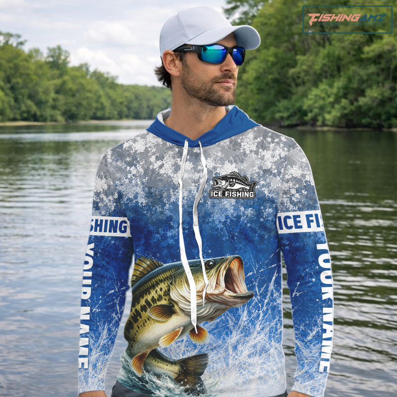 Ice Fishing Shirt With Largemouth Bass & Winter Camo Design, Fishing Shirts Hooded Long Sleeve For Men NHT1373