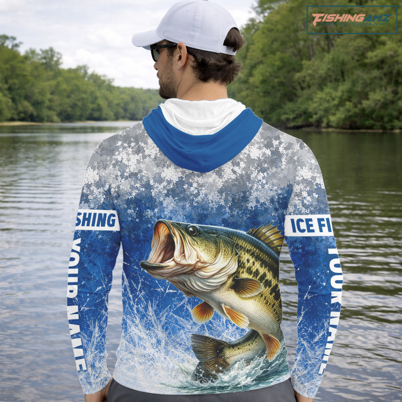 Ice Fishing Shirt With Largemouth Bass & Winter Camo Design, Fishing Shirts Hooded Long Sleeve For Men NHT1373