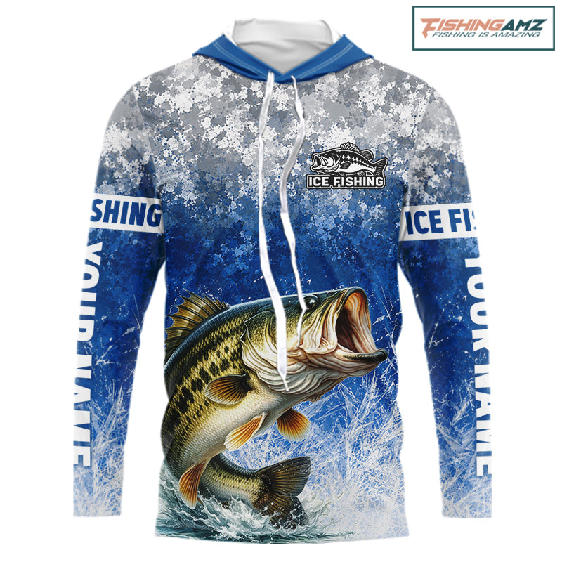 Ice Fishing Shirt With Largemouth Bass & Winter Camo Design, Fishing Shirts Hooded Long Sleeve For Men NHT1373