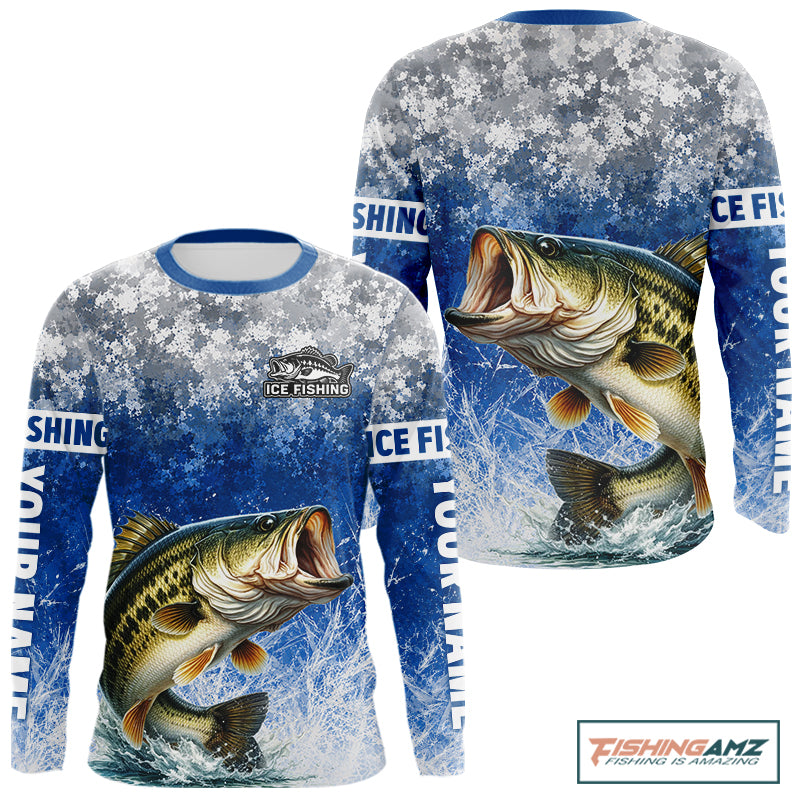 Ice Fishing Shirt With Largemouth Bass & Winter Camo Design, Fishing Shirts Long Sleeve For Men NHT1373