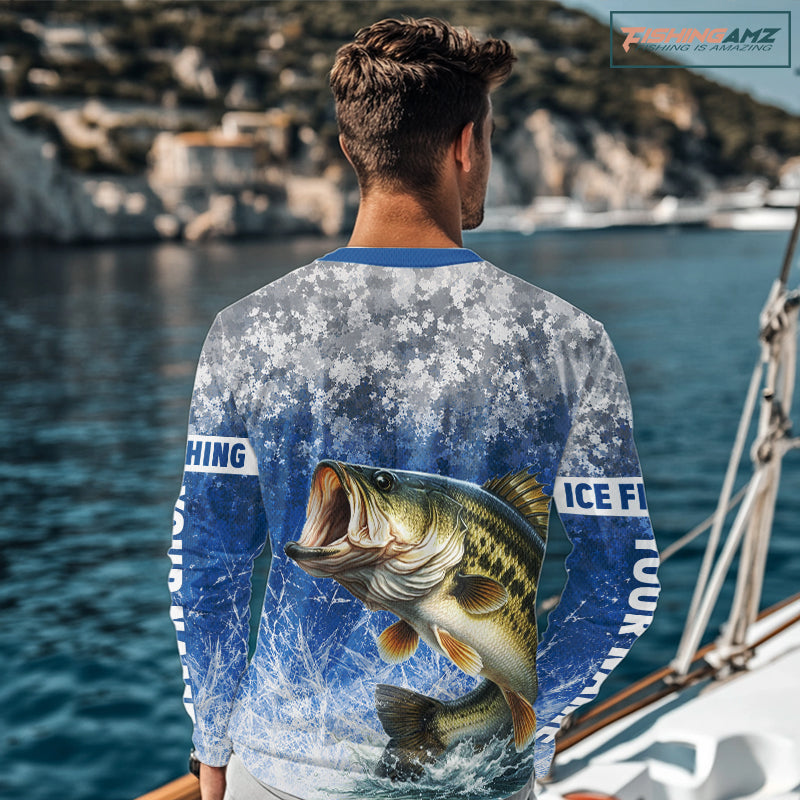 Ice Fishing Shirt With Largemouth Bass & Winter Camo Design, Fishing Shirts Long Sleeve For Men NHT1373