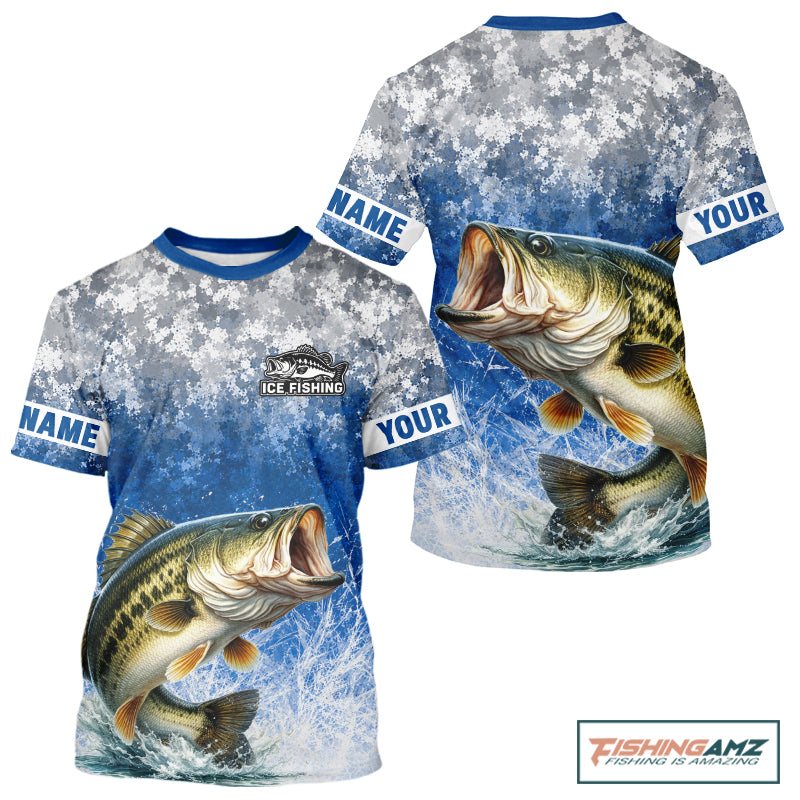 Ice Fishing Shirt With Largemouth Bass & Winter Camo Design, Fishing Shirts Short Sleeve For Men NHT1373