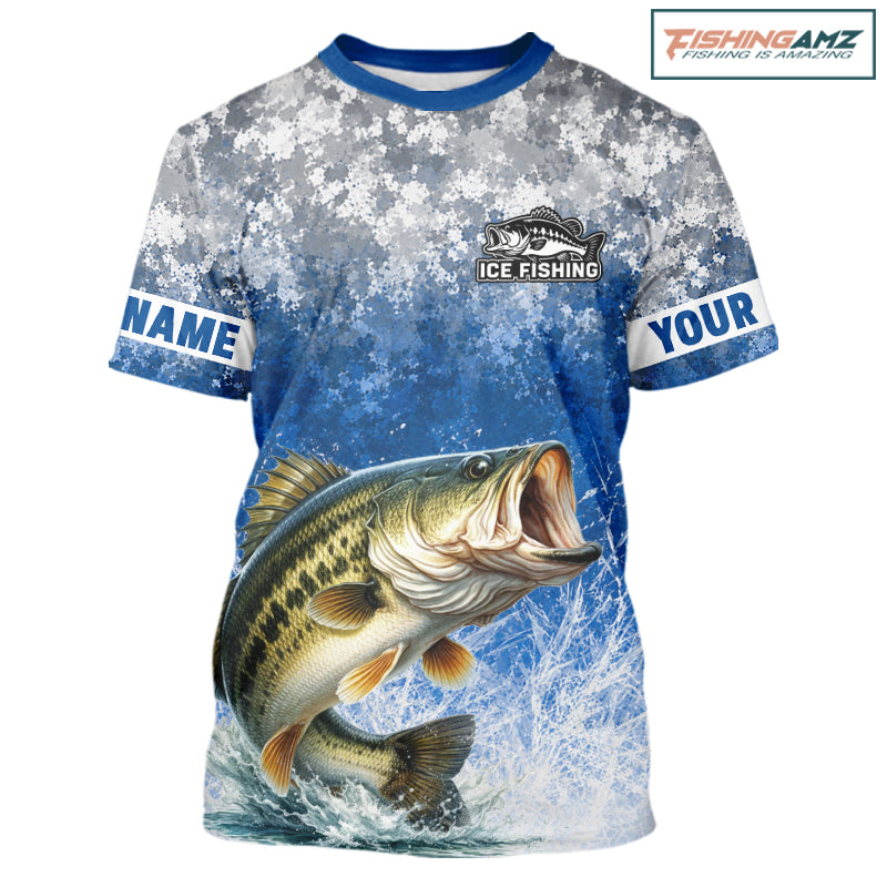 Ice Fishing Shirt With Largemouth Bass & Winter Camo Design, Fishing Shirts Short Sleeve For Men NHT1373