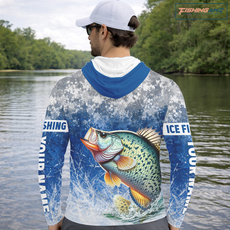 Ice Fishing Shirt With Crappie & Winter Camo Design, Fishing Shirts Hooded Long Sleeve For Men NHT1374