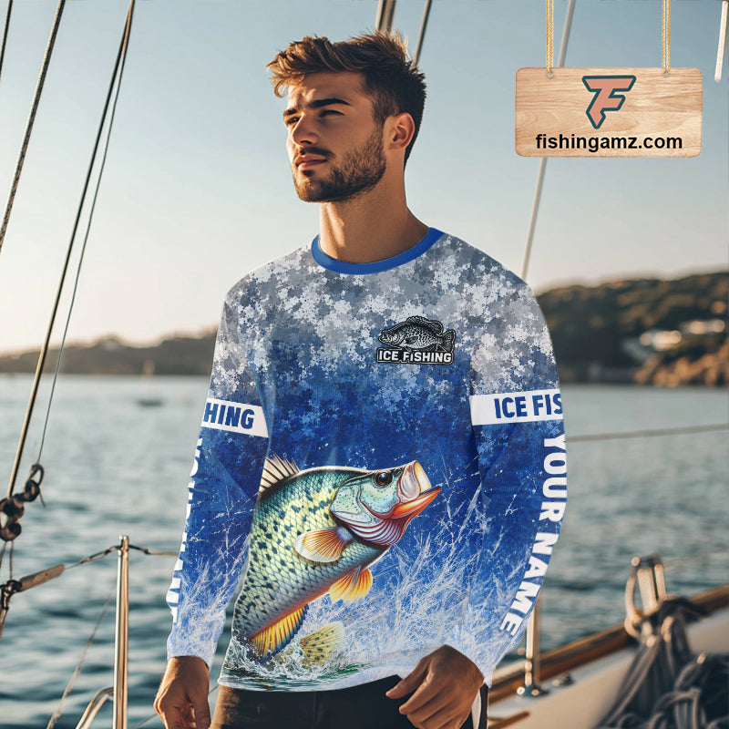 Ice Fishing Shirt With Crappie & Winter Camo Design, Fishing Shirts Long Sleeve For Men NHT1374