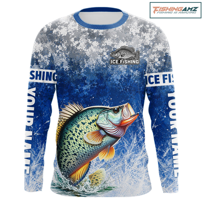 Ice Fishing Shirt With Crappie & Winter Camo Design, Fishing Shirts Long Sleeve For Men NHT1374