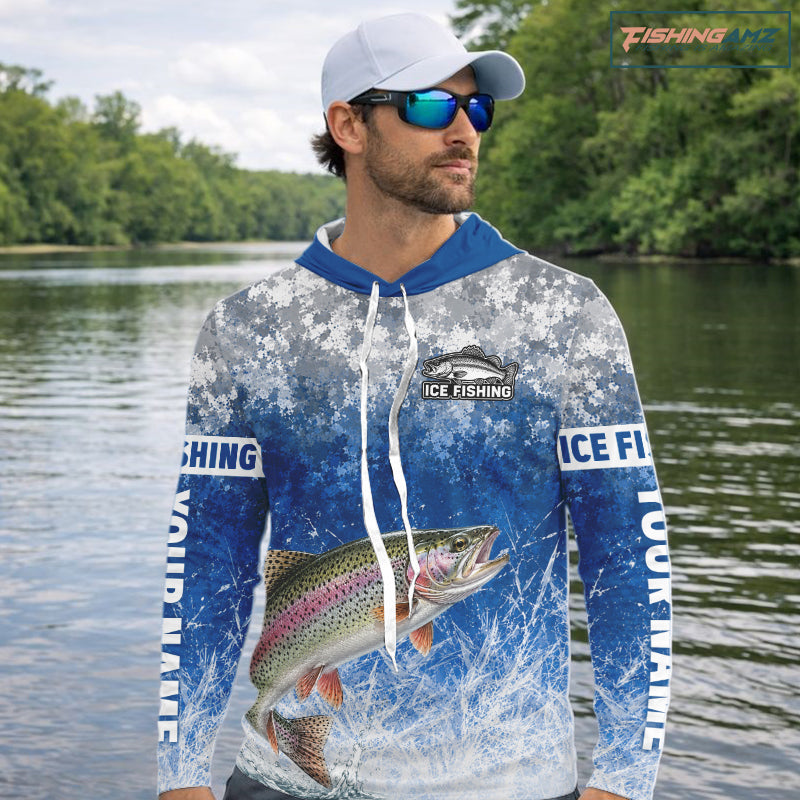 Ice Fishing Shirt With Rainbow Trout & Winter Camo Design, Fishing Shirt Hooded Long Sleeve For Men NHT1375