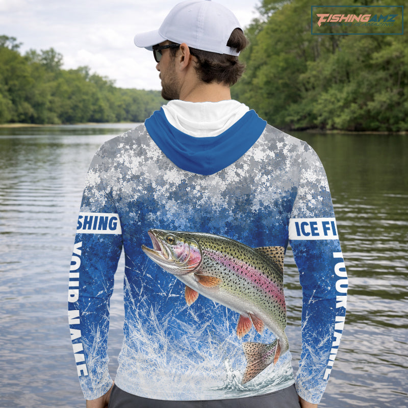 Ice Fishing Shirt With Rainbow Trout & Winter Camo Design, Fishing Shirt Hooded Long Sleeve For Men NHT1375